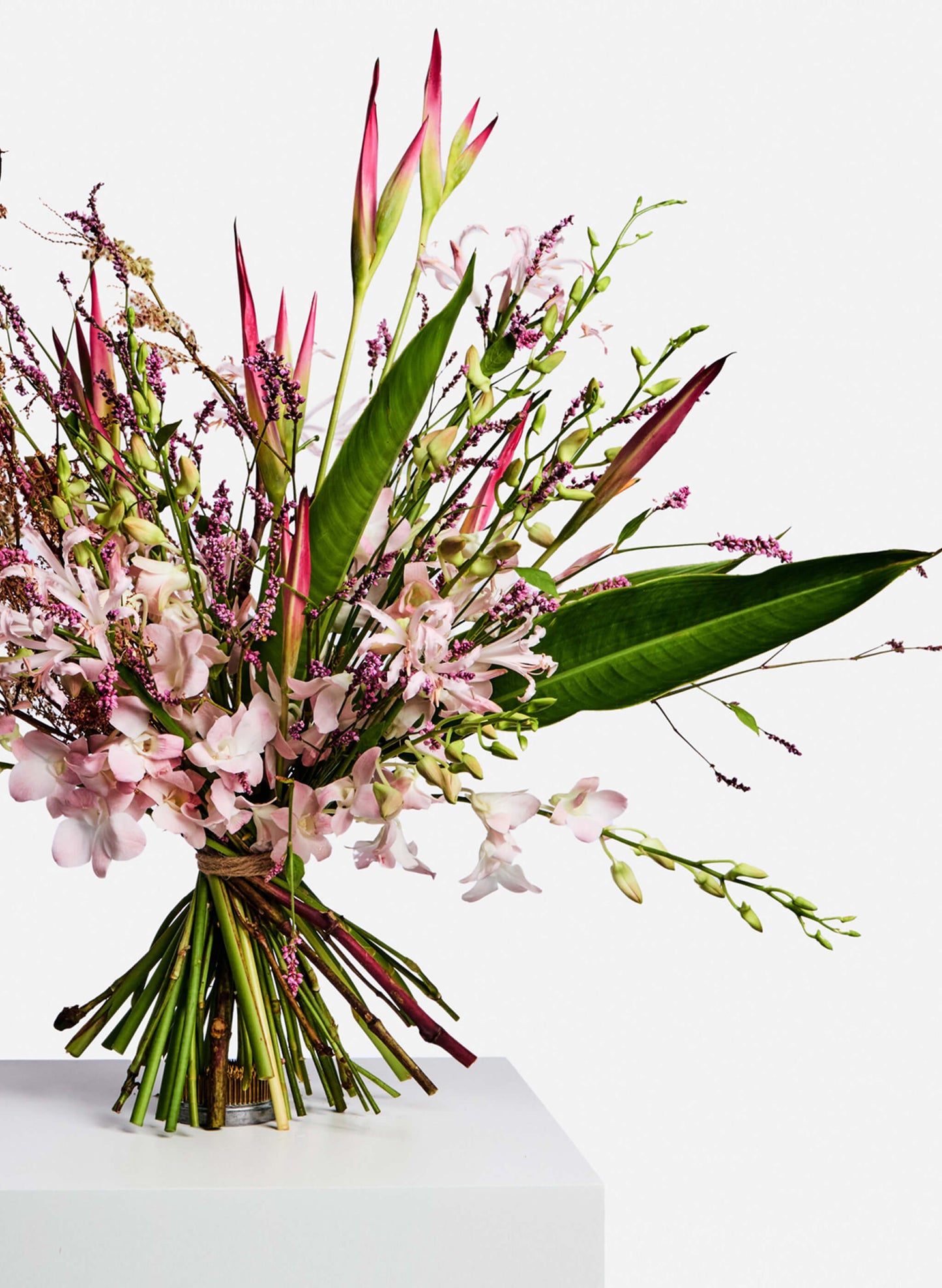 A vibrant seasonal flowers bouquet featuring orchid, bird of paradise and green. Free delivery Hong Kong.