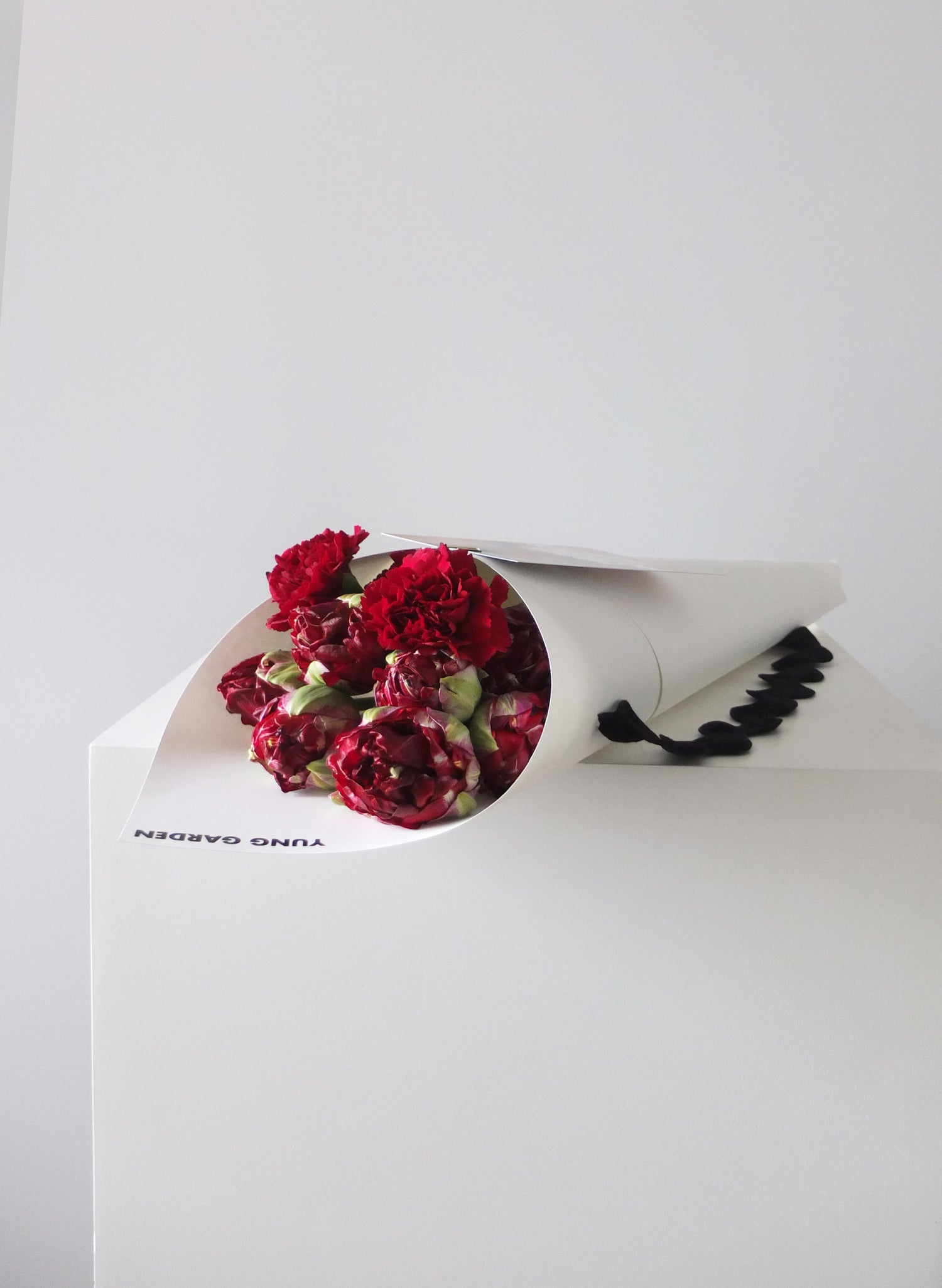 紅色法國鬱金香與荷蘭康乃馨組成的母親節花束，配以簡單的白色包裝紙及母親節咭。